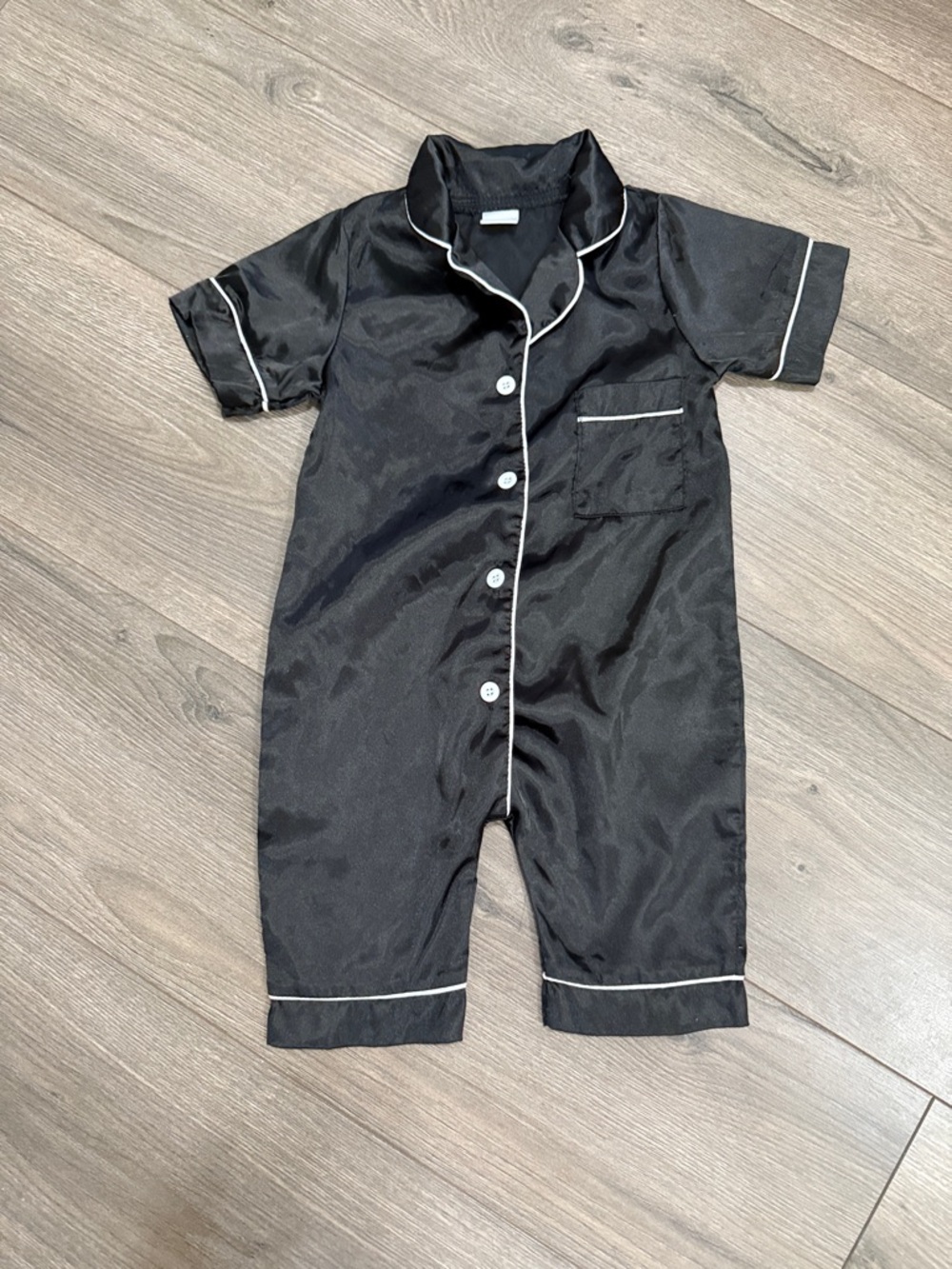 Black Satin Button-Front Short Sleeve Romper with White Piping